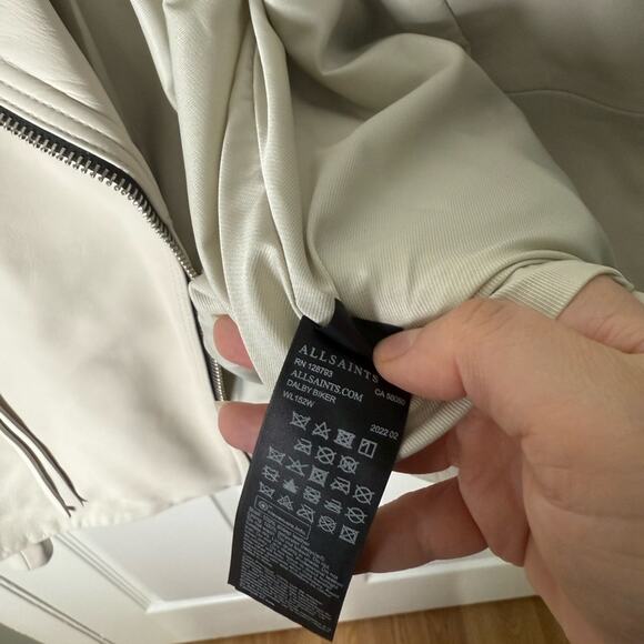 All Saints Leather Biker Balfern Belted Hem Zip Up Long Sleeve Jacket Ivory 8 - Picture 8 of 8